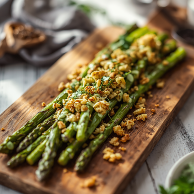 Asparagus on cutting board with toasted Panko crumbs