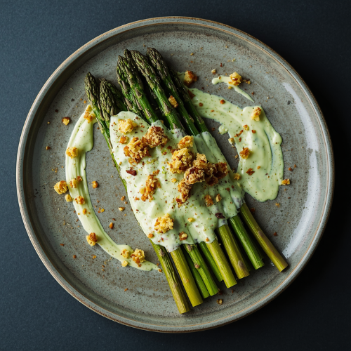 Plate of asparagus topped with green goddess dressing and breadcrumbs