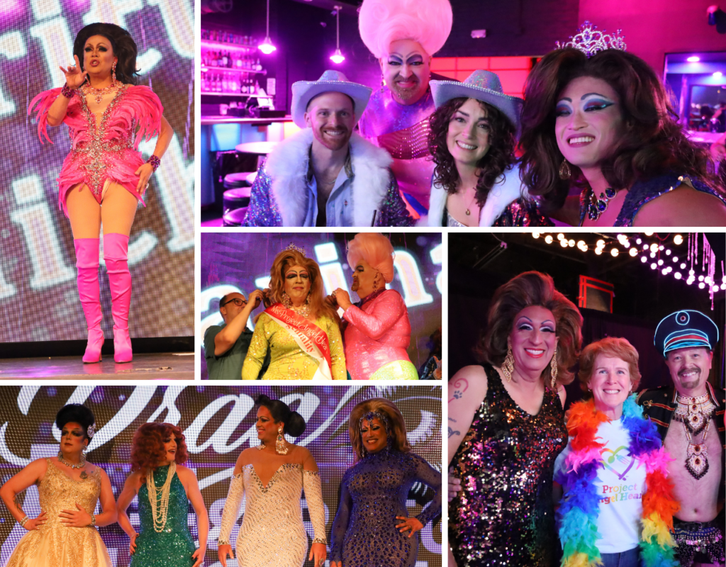 Collage of colorful moments from the 7th Annual Drag Eye for the Straight Guy fundraiser, including drag performers onstage, contestants in sparkling costumes, and participants celebrating together.